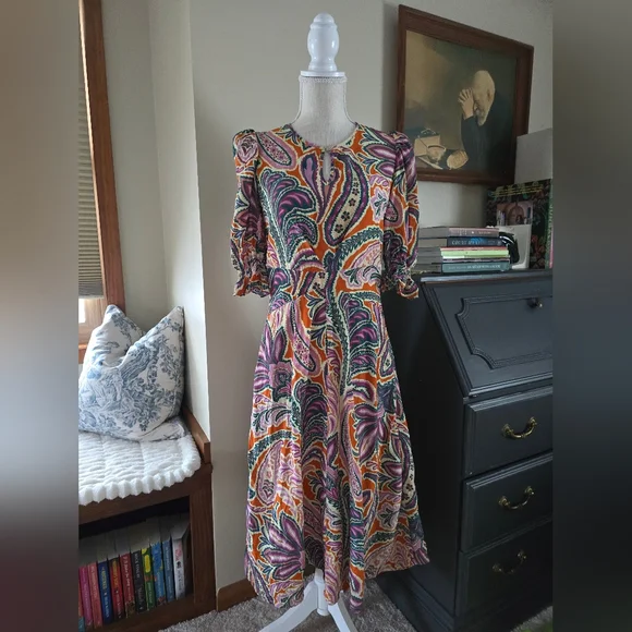 Tyler Boe Womens Dress Size Small Silk Purple And Orange Paisley Puff Sleeves - Picture 5 of 16